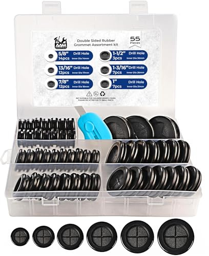 AAM Essentials 55Pcs Double-Sided Rubber Grommets kit in 6 Assorted Sizes 5/8,13/16,7/8,1,1-3/16,1-1/2- Round & Waterproof Rubber Grommet - Ideal Solution for Wire Protection