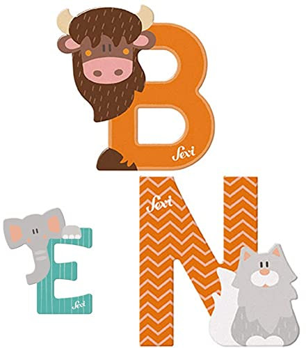 Sevi Tier Holzbuchstaben Name Ben ca. 10 cm, Türbuchstaben für Kinderzimmer, ABC Lernspielzeug aus Holz, pädagogisches Spielzeug für Kinder ab 3 Jahre, Kindernamen Buchstaben Tiere, Mehrfarbig