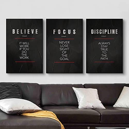 Believe, Disciplin and Focus Definition Poster Motivational & Inspirational Canvas Prints Wall Art Painting for Home Decor19.6”x 29.5”(50x75cm)x3 No frame