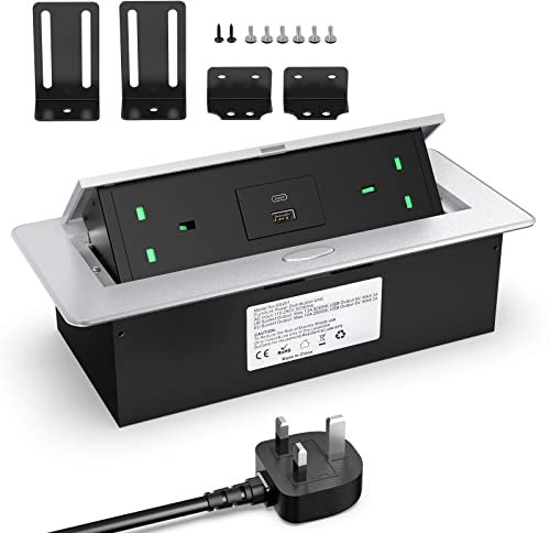 Metal Recessed Power Strip with USB C PD20W, Desk Recessed Power Socket 2 outlet, Recessed Pop Up Power Socket for Desktop Worktop Conference, 1.8M Cable, 3250W/13A