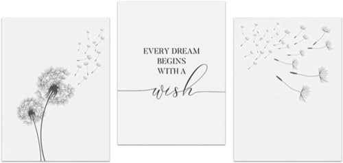 Trayosin 3er Poster Set Wohnzimmer - Aesthetic Blume Schwarz Weiß Bilder Deko Schlafzimmer - Pusteblume Leinwand Stilvolle Wandbilder - ohne Bilderrahmen (40x60cm)