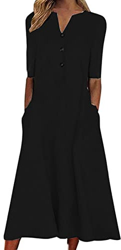 AMhomely Dress Summer Printing Causal V-Neck Button Short Sleeve Vacation Pockets Dress UK Dress Party Elegant Beach Dress Club Cocktail Work Dresses Evening Gowns, Black 4