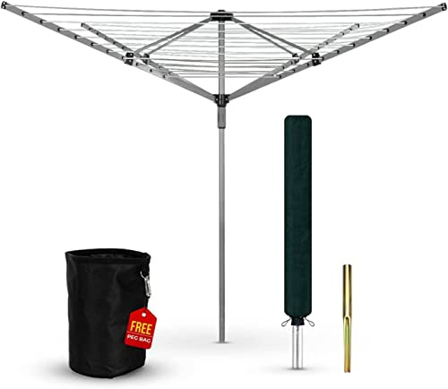 Heavy Duty Rotary Washing Line Outdoor, 4 Arm 40M Washing Line Rotary with Peg Bag, Metal Ground Spike, and Cover Included, Rotary Clothes Lines for Outside, Whirlygig Clothes Airer Outdoor