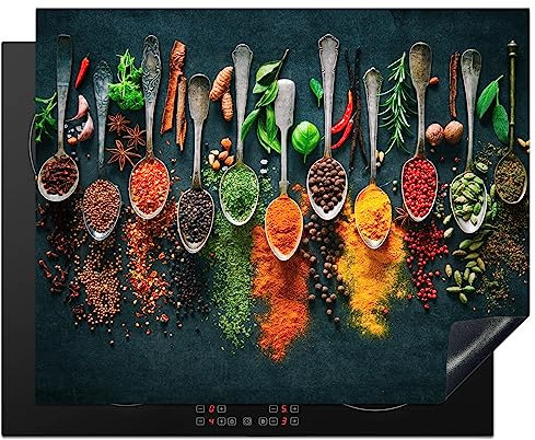 KitchenYeah© Protege Couvre Plaque De Cuisson Décoration Cuisine Tapis Protection Protecteur Induction 65x52 cm Herbes - Epices - Cuillères