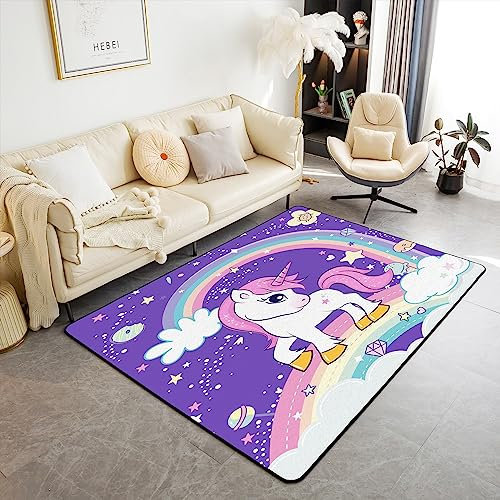 Einhorn-Teppich, 100 x 150 cm, Kinder, Einhorn, Glitzer, dekoratives Teppich-Set für Jungen, Mädchen, Teenager, Cartoon, verträumtes Pferd, Wohnzimmer, Teppiche, Regenbogen, Innenmatte,