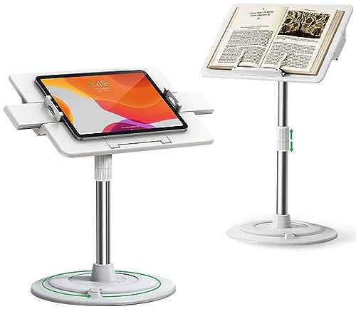 Pinikox Tablet Ständer Buchständer zum Lesen auf Bett Sofa Boden Schreibtisch, Buchhalter Ständer mit 360° Drehbarer Basis & 2 Seitenclips, Höhenverstellbarer Ständer für iPad, Kochbuch, Lehrbuch,