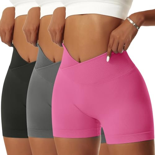 Vertvie Damen Gym Shorts V Cross Stretch Push Up Yoga Shorts Booty Scrunch Fitness Hosen Kurz High Waist Nahtlos Workout Sportshorts Butt Lift Kurze Leggings Sommer (Schwarz/Dunkelgrau/Roserot, S)