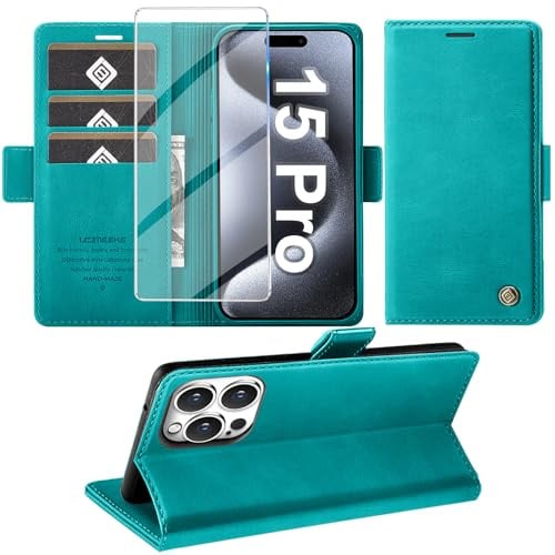 Giyer Handyhülle für iPhone 15 Pro Hülle mit Schutzfolie, Standfunktion Kartenfach Wallet Premium Leder Schutzhülle für iPhone 15 Pro 5G 2023 Flip Case Cover Tache Stoßfeste Klapphülle (Cyan)