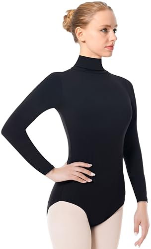 DANSHOW Langärmeliger Tanzanzug für Damen, Ballett, Erwachsene, Damen, Zug-Top, Z-Rollkragen, Schwarz, L