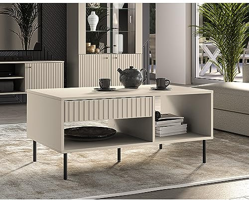Lomadox Wohnzimmer Couchtisch mit Schubkasten inkl. Softclose-Funktion in Kaschmir matt mit Rillenoptik, B/H/T ca. 100/48/60 cm