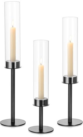 Kerzenständer Glas Kerzenhalter Stabkerzenhalter Schwarz: Candeldo 3er Set Windlicht Kerzenleuchter Modern Kerzenhalter für Stabkerzen Glaszylinder Deko Wohnzimmer Weihnachten Tischdeko