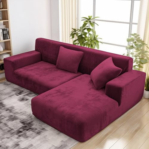 wiipara Dicker Samt Sofabezug L Form, Stretch Couch Überzug Universal Sofa Cover, Super Weich Plüsch Sofa Überzug Luxus Couchbezug(L-Form Ecksofa erfordert Zwei)- Sofabezug 1 Sitzer, Rot