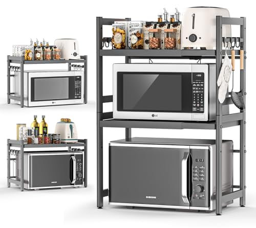 Glovios Soporte para Microondas y Horno Cocina 3 Niveles, Estanteria para Microondas Encimera con 8 Ganchos, Mueble Extensible Microondas Cocina