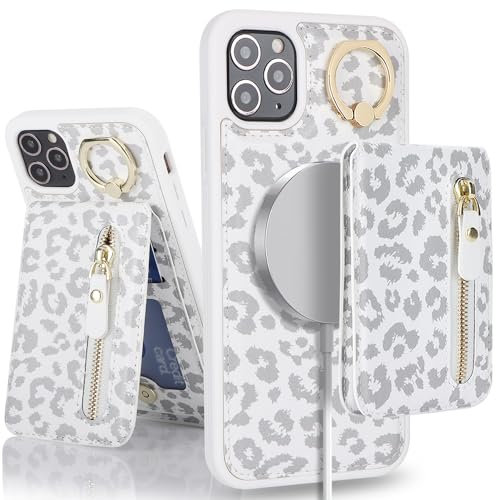 SailorTech iPhone 12 Pro Max Phone Case with Card Holder, iPhone 12 Pro Max Case Magsafe Ring Stand with Kickstand Card Slots Wallet Detachable 2-in-1 Zipper Case - White Leopard