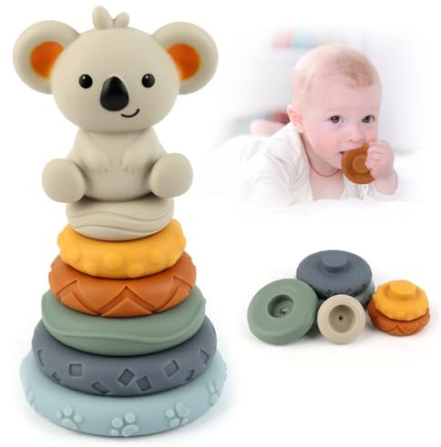 UKOFEW 7 Stück Stapelspielzeug mit Ringen,Squeeze Zahnen Babyspielzeug,Früherziehung Spielzeug Geschenke,Stapelturm für Stapelspiel für 6 12 18 Monate Baby Kleinkind Jungen Mädchen