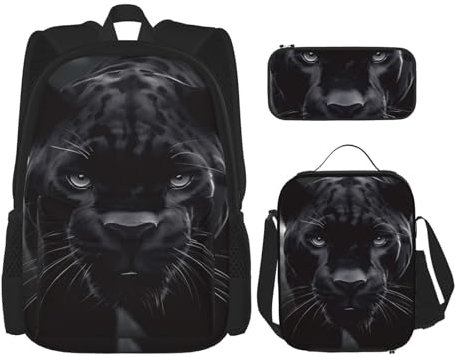 OUSIKA Animal Panther 3 Pcs Print Backpack Sets Casual Daypack with Lunch Box Pencil Case for Women Men, Black