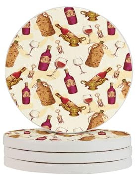 Round Coasters,Diatomite Coasters Drink Coasters,Mugs Pad Cups Mat Set of 4Vintage Pattern With Glass Bottle Corkscrew Country Restaurant