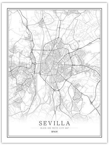 CUNNVN SEVILLA 3d Drucken Weiß Stadtplan-Leinwandgemälde 50x70 cm Geeignet für Wohnzimmer, Schlafzimmer, Kinderzimmer, Schule, Wohnheim-Wanddekorationsmalerei