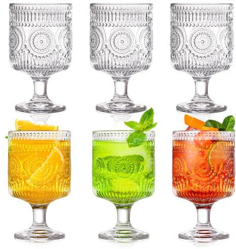 Pumtus Lot de 6 verres à vin vintage de 236,8 g - Motif floral en relief - Verres à pied à motif unique pressé - Pour cocktail, jus, whisky, bière