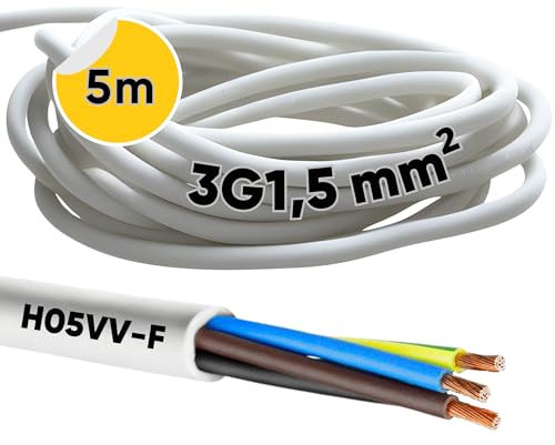 Kalitec H05VV-F - Tubo Flessibile 5 Metri, 3 x 1,5 mm², 3G1,5 mm2, Con Conduttore di Protezione, Cavo PVC per Interni, Elettrico Bianco, per Lampada, Dispositivo a 3
