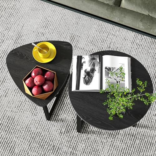 HOJINLINERO Couchtisch Rund 2 er Set,Beistelltisch Holz Set,Sofatisch,Kaffeetisch,Metall Untergestell und Herzform Einer Tischplatte Aus Holz,Industriellen Design,Wohnzimmertisch,Modern,Schwarz