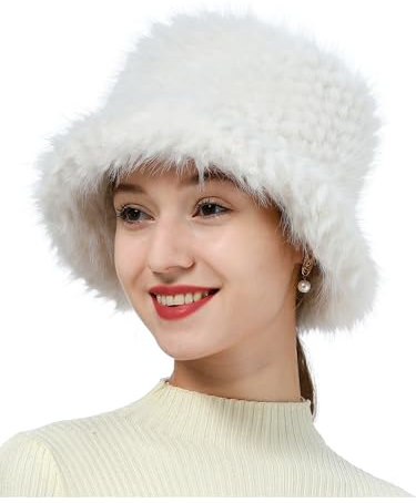 sy soul young Damen Winte Kunstpelz Plüsch Bucket Hat Wintermütze Fischerhüte Cloche Hut Pelz Warme Fischer Cap(Weiß)
