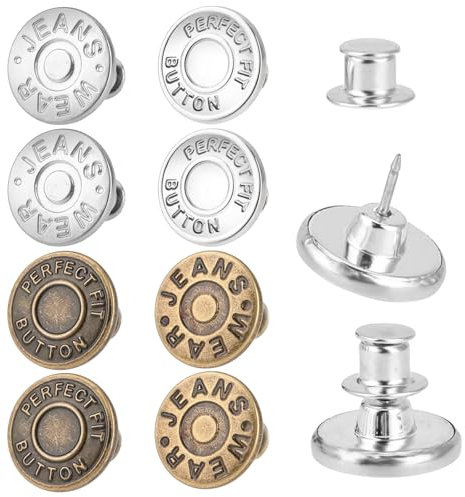 8 Sets Jean Button Pins Pants Button Tightener for Waist No Sew Instant Replacement Buttons for Loose Jeans Reusable Adjustable Metal Clips Snap Tack Reduce Too Big Pants Waist