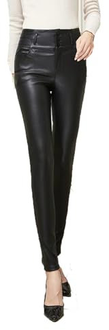 Hndudnff Skinny-Hose aus Schaffell für Damen, mit Taschen, hohe Taille, elastische Bleistifthose, 014 Schwarz, XXL
