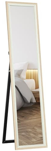 HOMCOM Miroir sur pied ou mural avec cadre en MDF et support pour salon ou chambre Blanc et naturel 157 x 37 cm