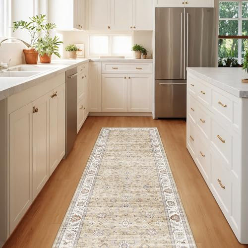 WITSHOCK Teppich Läufer Flur 60x180cm, Küche Teppich Waschbarer, Vintage Teppiche Gegend, für Esszimmer Korridor Bettvorleger rtschfest fußmatte, Kurzflor Weich Carpet, Beige