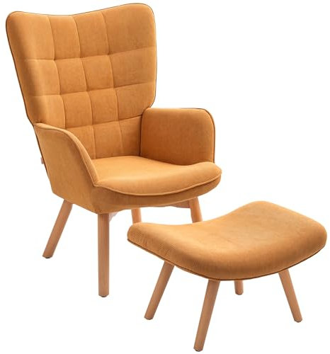 HOMCOM Sessel mit Hocker, Ohrensessel mit Hoher Rückenlehne, Holzbeine, Loungesessel mit getuftetem Design, Cord-Optik, für Wohnzimmer, Braun