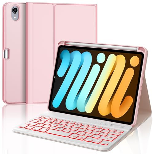 JADEMALL Tastiera per iPad Mini 7 A17 Pro 2024 8.3, Custodia con Italiano QWERTY Tastiera Retroilluminata Bluetooth con Portapenne per iPad Mini 7/6 8.3, Rosa