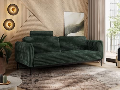 MKS MEBLE 3 Sitzer Sofa mit Schlaffunktion Schlafsofa mit Metallgestell Couch mit Schlaffunktion Bettsofa mit Großer Liegefläche von 200 L × 140 B - Grün Cord - Salento