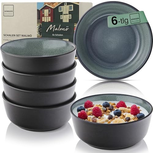 Sänger Malmö | Steingut Müslischalen Bowl Schüssel 6 teilig, Schüssel Set 6 Personen, Schale spülmaschinen- mikrowellen- kratzfest, Schüsseln grün mit schwarzem Rand 600 ml | VALUE COLLECTION
