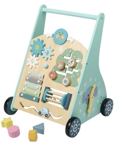 Aolawco Lauflernwagen Holz 8-in-1 Aktivität Lauflernhilfe Baby mit Gummi Holz Räder und Motorikspiele，Laufen Lernen, Kleinkind Multifunktionales Holzspielzeug, Kognitive Entwicklung Baby Walker