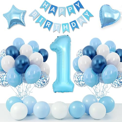 Luftballon 1. Geburtstag, 40 Zoll Zahl 1 Großer Blau Folienballon und 12 Zoll Makkaroniblau, Weiß, Glitzerblau, Metallicblau Ballons für Mädchen Birthday Party Geburtstagsdeko