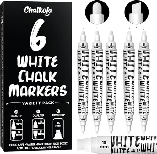 Chalkola 6 Dual Spitze Kreidestifte für Tafel Abwaschbar, Kreidestift Weiß | Kreidemarker Abwischbar Dual Spitze 1mm 3mm 5mm 15mm, Glas & Fensterstifte Abwaschbar, Tafelstifte Abwischbar, Chalk Marker