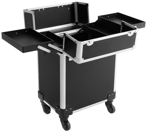 Professioneller Kosmetikkoffer Trolley Schwarz - Schminkkoffer Friseurkoffer mit 4 Abnehmbaren Rädern & Schutzecken, 34x24x47cm, Abschließbarer Make-up Koffer für Visagisten, Nageldesign & Reisen