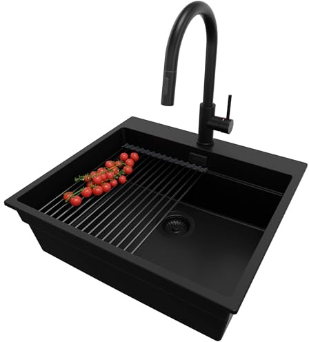 PRIMAGRAN Granitspüle ab 60er Unterschrank + Küchenarmatur, 58x53cm | Set: Küchenarmatur BW9010 + Ablauf-Set + Abtropfmatte + Spülbecken 1 Becken - Oslo Max Level, Alles Schwarz