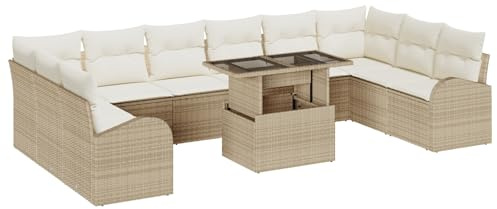 vidaXL Garten-Sofa-Set mit Speicher 11 pcs Beige Poly Rattan, Garten und Terrasse, modernes modulares Sofa-Set, verstellbare Füße, Poly-Rattan Lounge, Outdoor-Sitzgelegenheiten