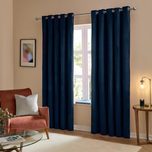 furn. The Ultimate Velvet Blackout Eyelet Curtains (Blue-117x137cm) | Soft Stylish Light Blocking Thermal Matte Velvet Curtain Pair