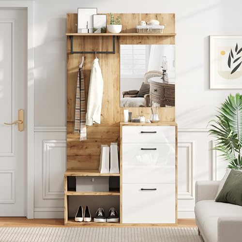Merax Garderoben-Set Wandgarderobe, Flurgarderoben Set mit Schuhschrank, Schuhbank, Schubladen, Spiegel, Offene Regale, Hängeschrankregal, Kompaktgarderobe Flurschrank, für Eingang, Holzfarbe & Weiß