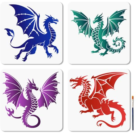 MAYJOYDIY 4 Stück Drachen Thema Malschablone 30×30cm Böser Drache Schablonen Mythischer Drache Zeichenvorlage Mit Pinsel Zum Basteln Auf Fenstern Holzwänden Und Heimdekoration