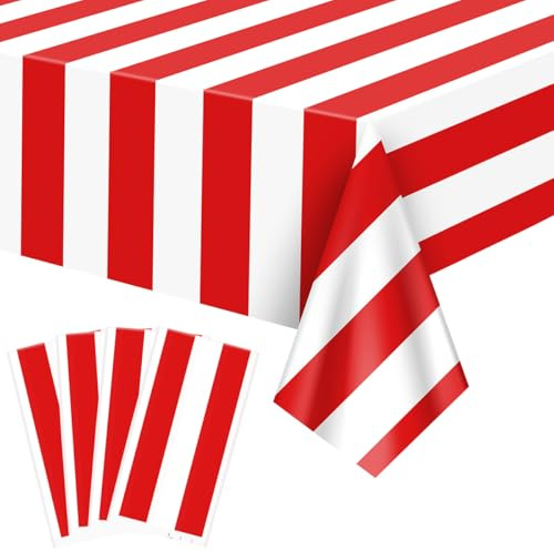 FuenteOrilla 4 Stück rot und weiß gestreifte Tischdecken, Karneval, Tischdecke, wasserdicht, rechteckig, Tischdecke für Urlaub, Picknick, Filmabend, Weihnachten, Zirkus, Mottoparty-Dekorationen, 130 x