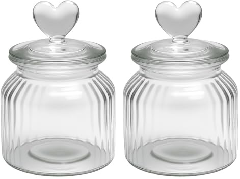 ZRUEWOT Vorratsglas 2er Set 650ml mit Herzdeckel – Vintage Bonbonglas aus Glas mit Deckel für Süßigkeiten, Bonbon, Kekse – Candy Bar Gläser für Küche & Geschenkideen