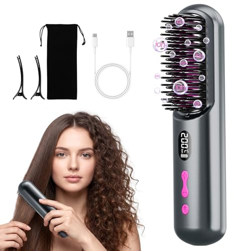 PUGTOW Brosse Lissante Sans Fil 9600mAh, Brosse Chauffante Cheveux Court | 40 Millions Ions Négatifs, 4 Niveaux de Température, Chauffage Rapide, Portable Pour Les Voyages, Rechargeable par USB, Gris