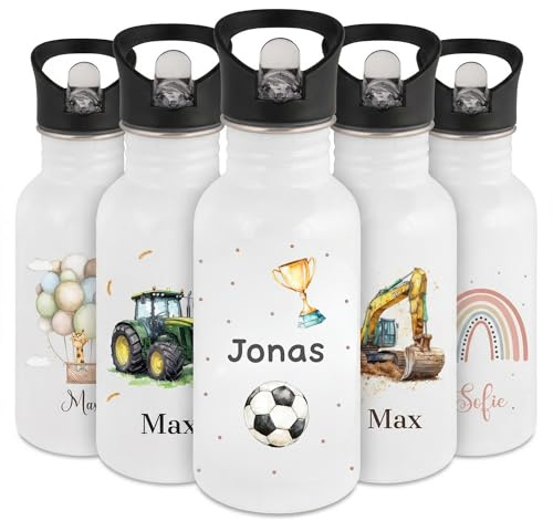 smartaini Personalisierte Trinkflasche für Kinder mit Namen – Auslaufsichere Edelstahl Trinkflasche für Schule & Kindergarten – Robuste Wasserflasche mit Sportverschluss & Griff (Fußball)