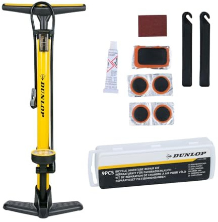 Dunlop Fahrradpumpe mit Manometer und Fahrrad Reparaturset 9 teilig - Fahrrad Werkzeug Set mit Flickzeug und Reifenheber - Für Presta Dunlop Schrader Ventil - Gelb