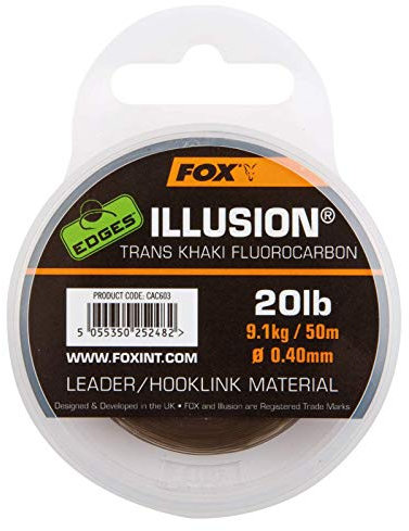 Fox Edges Illusion Flurocarbon Leader 50m Khaki - Vorfachschnur zum Karpfenangeln, Fluorocarbon Vorfach für Karpfen, Karpfenvorfach, Durchmesser/Tragkraft:0.40mm / 20lb / 9.09kg Tragkraft