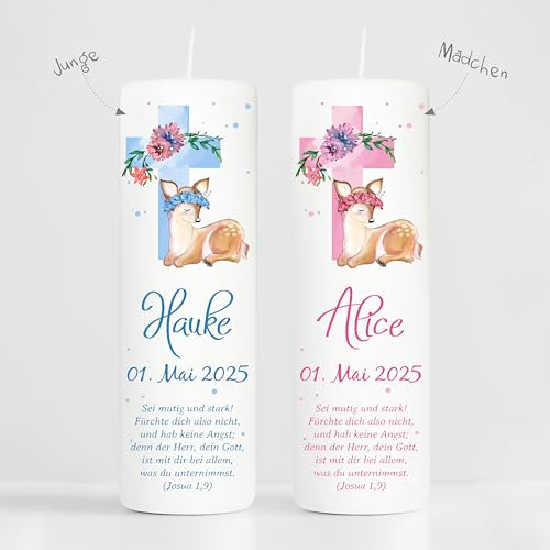 Wandtattoo Loft Taufkerze Junge oder Mädchen mit Taufspruch, Motiv mit Jesuskreuz und Rehkitz, 25cm x 8cm, personalisierte Kerze, bedruckte Kerze zur Taufe, Stumpenkerze, individuelles Taufgeschenk
